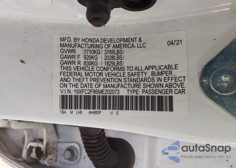 2021 Honda Civic Sport из США, поврежденный, VIN 19XFC2F86ME202073